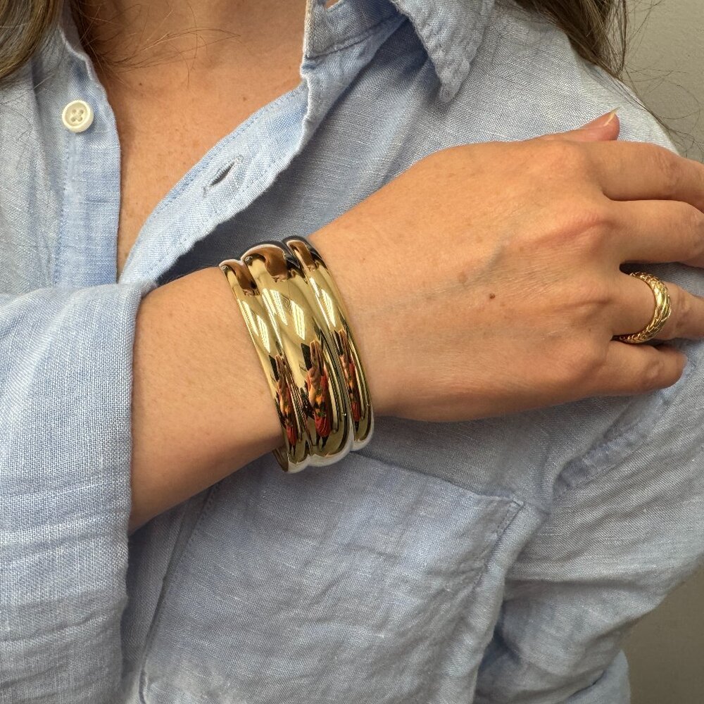 Chunky Cuff Bangle | Sculpted Curvy Line Bracelet | 14K Gold-Plated Silver